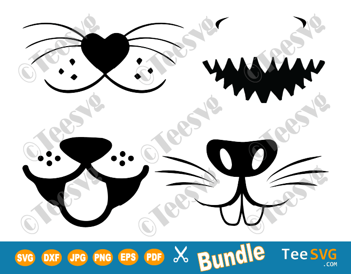 Funny Face Mask SVG Cut File Pattern Bundle Animal Dog Face Shark Smile Bunny Mouth Cat Whisker design facemask cricut PNG download