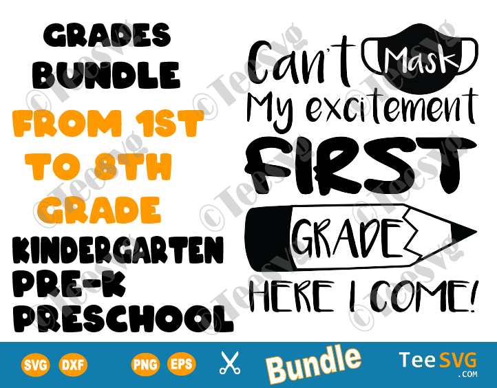 Can't Mask My Excitement SVG PNG Sublimation Download Bundle 1st First Grade 2nd Second and All Grades School Mask SVG for Kids Students