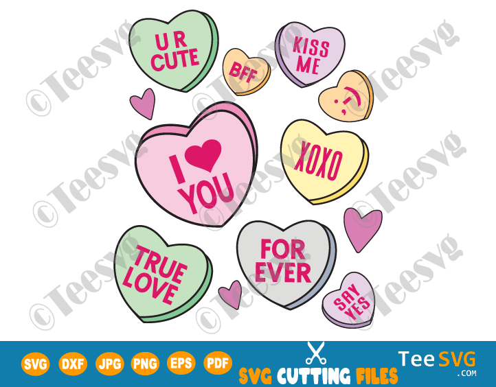 Candy Hearts SVG Valentine Lovers Conversation Hearts SVG Bundle Cute Kids Valentines Day Candy Heart PNG Clipart Aesthetic Background Full Cup Wrap SVG Vector Cricut Tumbler Gift