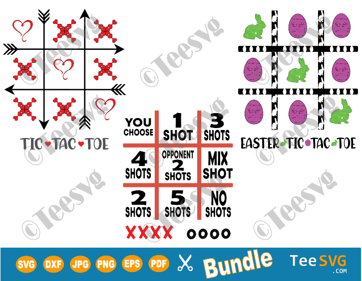 TIC TAC TOE SVG Bundle Shot Game, Easter and Valentine Day DIY Board Grid Bag Laser Cutting File Printable For Cricut Glowforge Bags Template Clipart