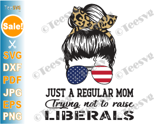 Just a Regular Mom Trying Not to Raise Liberals SVG PNG Messy Hair Bun US Flag Sunglasses Leopard Funny Republican Mom Shirt Design