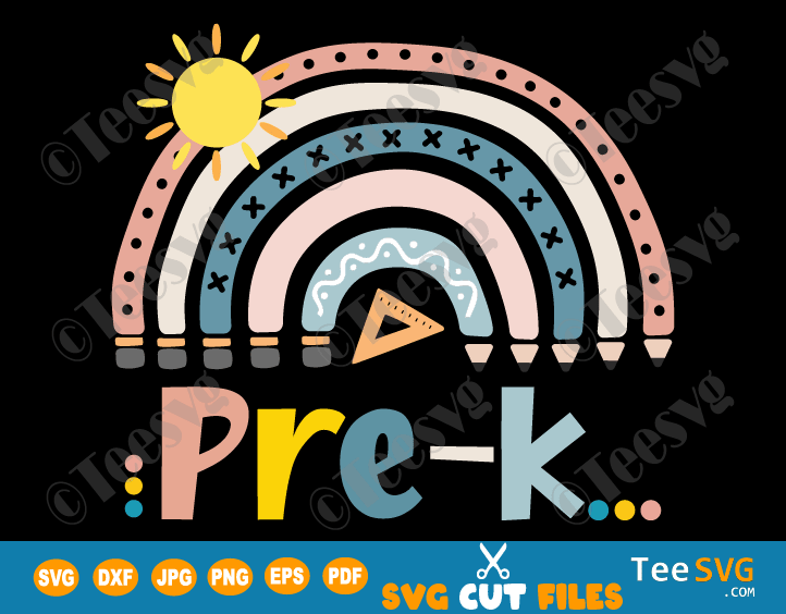 Prek SVG Rainbow Boho Crayon Sun Ruler Hello Preschool First Day of School Cricut Shirt Designs for Girls Boys Student Teacher Cute Pre k PNG