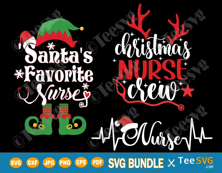 Christmas Nurse SVG Bundle Santa Hat Elf Reindeer Buffalo Plaid Heartbeat Xmas Shirt Design Cricut Gift PNG Files