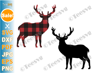 Deer Silhouette Images Clipart Black and White & Buffalo Plaid SVG PNG | Hunting Reindeer Buck Antler Whitetail Deer Cricut Vector