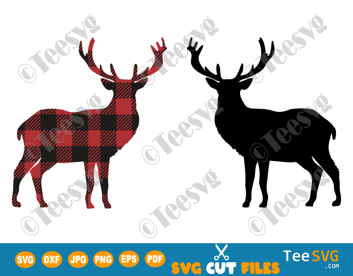 Deer Silhouette Clipart Black and White & Buffalo Plaid SVG PNG | Hunting Reindeer Buck Antler Whitetail Deer Cricut Vector Images