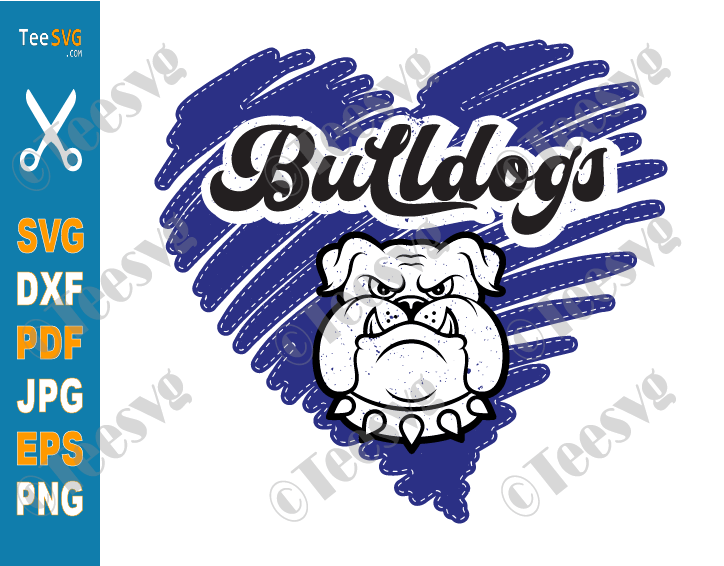 Bulldog SVG Image PNG CLIPART, Blue Heart Scribble, School Pride Mascot Face Vector Sublimation Graphic Design Silhouette Cricut File 