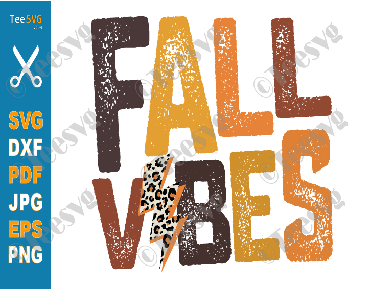 Fall Vibes SVG PNG Distressed Leopard Lightning Bolt in Fall Autumn SVG Colors Design