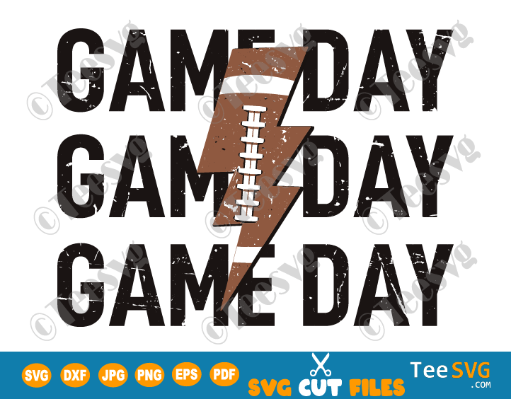 Game Day Football SVG, Game Day Football PNG CLIPART, Lightning Bolt, Distressed Football SVG, Stacked Football Cricut Cut File Clip Art Sublimation Shirt Design