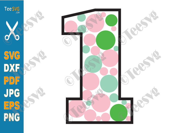 Polka Dot Number 1 SVG, Polka Dot Number 1 PNG, Polka Dot Number 1 Clipart, Pink, Black, White, Light Teal, Lime Green, Number One Cricut Cut