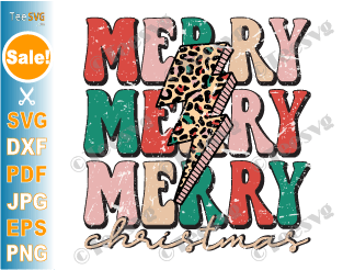 Merry Christmas SVG Files PNG Leopard Print Lightning Bolt Retro Merry Merry Merry Christmas Sublimation Stacked Xmas Shirt Design