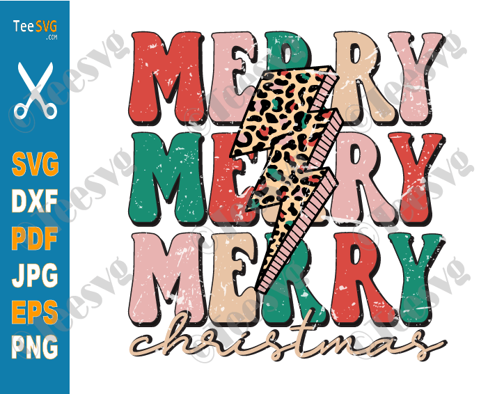 Merry Christmas SVG Files PNG Leopard Print Lightning Bolt Retro Merry Merry Merry Christmas Sublimation Stacked Xmas Shirt Design