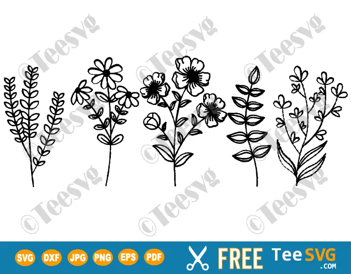 Wildflower CLIPART Black and White JPG PNG SVG Download - Free Flower Outline CLIP ART Hand Drawn Floral Design Vector Transparent Background Illustration Imag