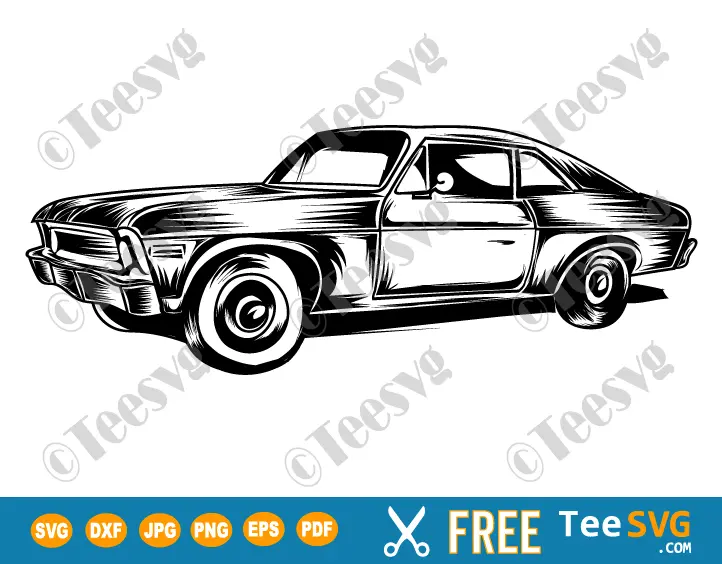 Classic Car CLIPART Black and White PNG JPG SVG Free - Easy Old Car Outline - Simple Antique Vintage Car Drawing Vector with Transparent Background