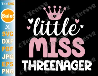 Little Miss Threenager SVG PNG Crown 3rd Birthday Shirt SVG PNG 3rd Birthday Girl SVG Cute Third Birthday Clip Art Hearts 3 Year Old Toddler Girl Little Ha.