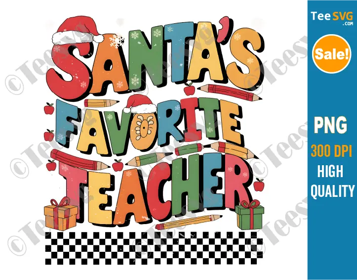 Santas Favorite Teacher PNG Christmas Retro Groovy Santa Hat Sublimation Clipart Transparent Background Images