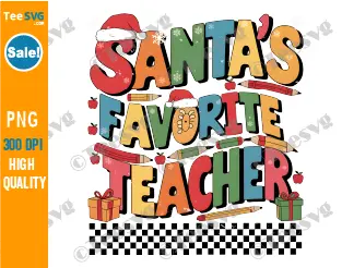 Santas Favorite Teacher PNG Christmas Retro Groovy Santa Hat Sublimation Clipart Transparent Background Images.