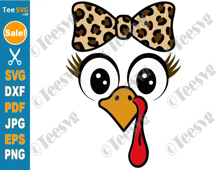 Cute Turkey Face SVG PNG Girl Leopard Bow Thanksgiving Clipart Cricut Shirt Design