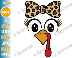 Cute Turkey Face SVG PNG Girl Leopard Bow Thanksgiving Clipart Cricut Shirt Design.