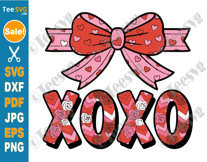 Bow Xoxo Valentine SVG PNG Hearts Flowers Pattern Pink Women Cricut Shirt Design.