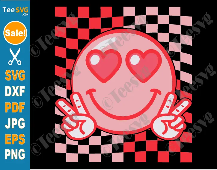 Valentine Smiley Face SVG PNG Checkered Valentines Day Cute Groovy Retro Pink Cricut Shirt Design.